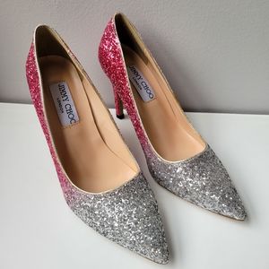 Jimmy Choo Silver Pink Ombre Glitter Sparkle Heels